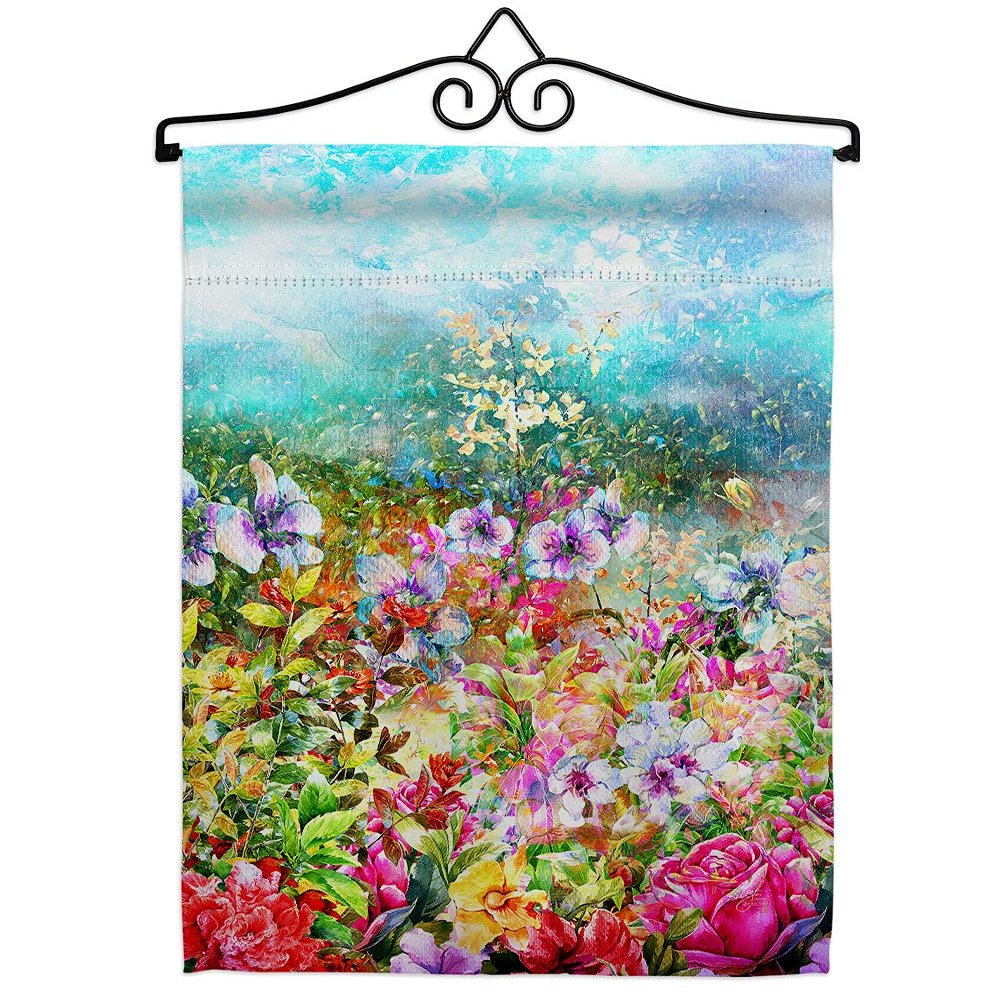 Breeze Decor Floral Blossom Garden Flag Set Wall Hanger Spring Sunflower Tulip Rose Orchid Lilies Season Springtime Flower Wreath Small Decorative Gift Yard House Banner Made in USA 13 X 18.5
