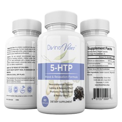 Divine Vibes 5-HTP 200mg Plus Calcium for Mood, Sleep, Stress Support - Boosts Serotonin Production - High Purity 60 Capsules