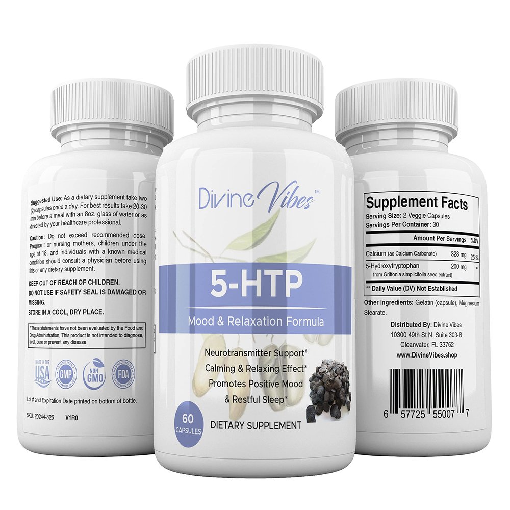 Divine Vibes 5-HTP 200mg Plus Calcium for Mood, Sleep, Stress Support - Boosts Serotonin Production - High Purity 60 Capsules