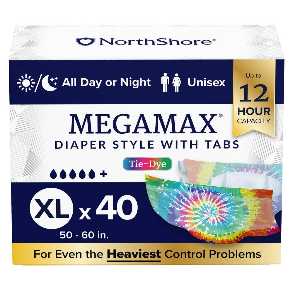 NorthShore MegaMax Adult Overnight Diapers, 12-Hour Tab-Style, X-Large, 40 Count Case, Tie-Dye, 50-60 inches, Unisex Incontinence Underwear