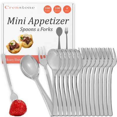 Crenstone Appetizer Forks Spoons and Forks Value Pack - 200 Silver Mini Spoons and Forks for Appetizers, disposable silver spoons