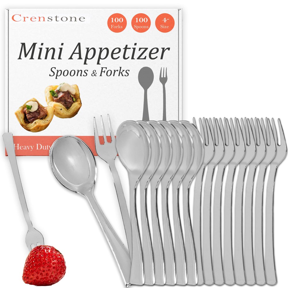 Crenstone Appetizer Forks Spoons and Forks Value Pack - 200 Silver Mini Spoons and Forks for Appetizers, disposable silver spoons