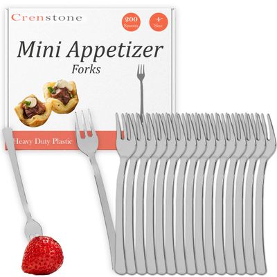 Crenstone Appetizer Forks, Appetizer Forks Value Pack - 200 Silver Mini Forks for Appetizers (Disposable)