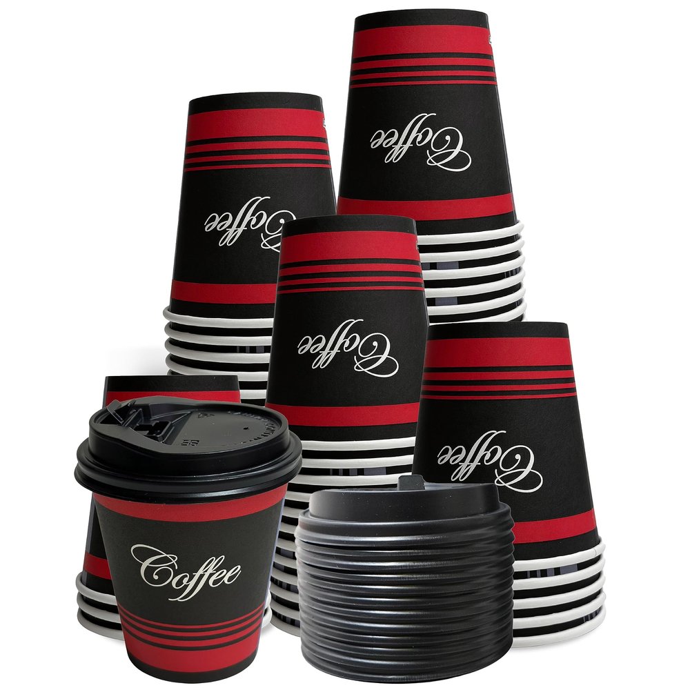 EcoQuality 12oz Disposable Paper Coffee Cups with Black Dome Lids - For Hot, Cold Drink, Coffee, Tea, Cocoa, Travel, Office, Home, Cider, Hot Chocolate, To go, Compostable, Biodegradable (300)