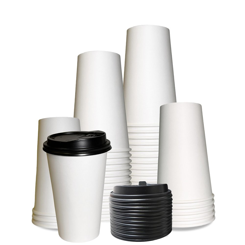 EcoQuality 16oz White Paper Coffee Cups with Black Lids - Disposable Paper Coffee Cups - Hot Drink, Tea, Coffee, Cappuccino, Hot Chocolate, Chai, Chai Latte, Office, Travel, Large Cups (50)