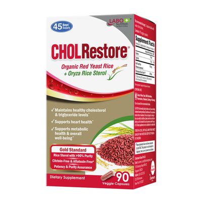 LABO Nutrition CHOLRestore Red Yeast Rice with Phytosterol Health Supplement, Supports Healthy Cholesterol Levels, Citrinin, Aflatoxin & Soy Free, 90 Vegetarian Capsules