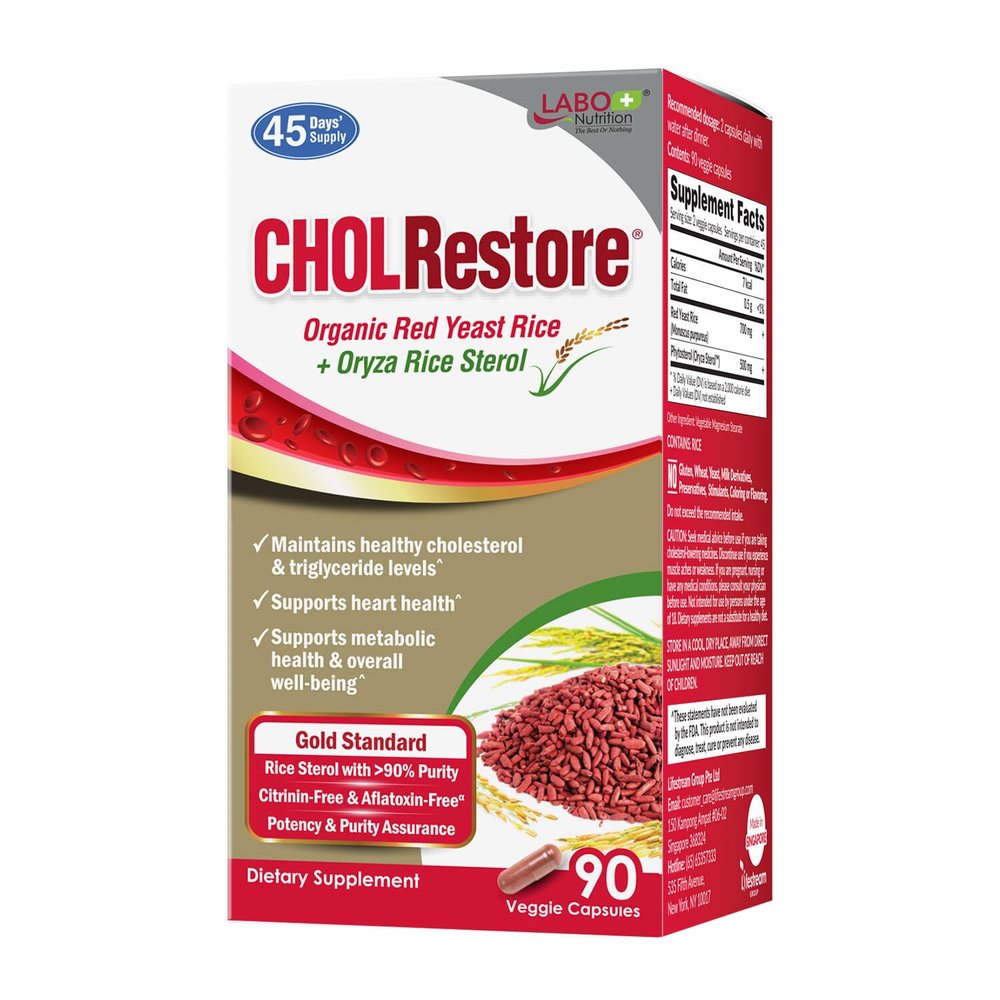 LABO Nutrition CHOLRestore  Red Yeast Rice with Phytosterol Health Supplement, Supports Healthy Cholesterol Levels, Citrinin, Aflatoxin & Soy Free, 90 Vegetarian Capsules