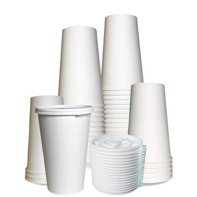 EcoQuality 16 oz Durable Disposable White Paper Cups with White Flat Lids for Hot or Cold Drinks, Coffee, Tea, Cocoa, and Travel (250)