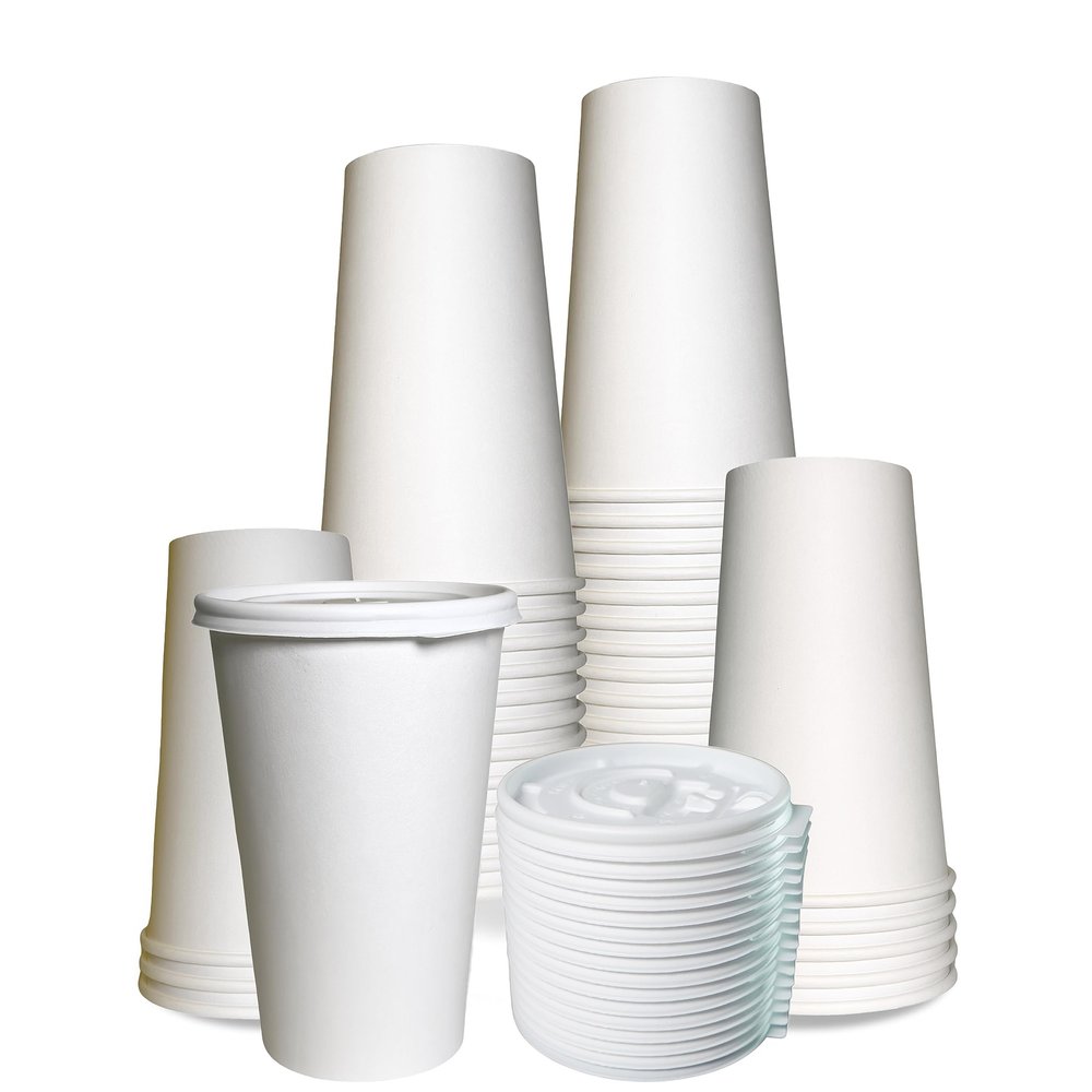 EcoQuality 16 oz Durable Disposable White Paper Cups with White Flat Lids for Hot or Cold Drinks, Coffee, Tea, Cocoa, and Travel (250)