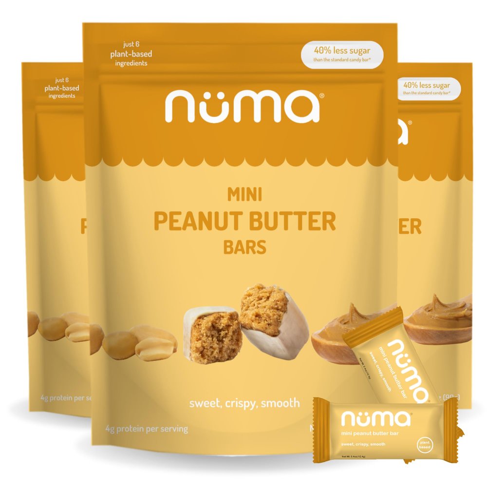 Numa Foods Mini Peanut Butter Bars Vegan, Low Sugar, High Protein, All Natural, Gluten Free Crunchy Plant Based Peanut Butter Snacks 3 Bags with 8 Individually Wrapped PB Bites