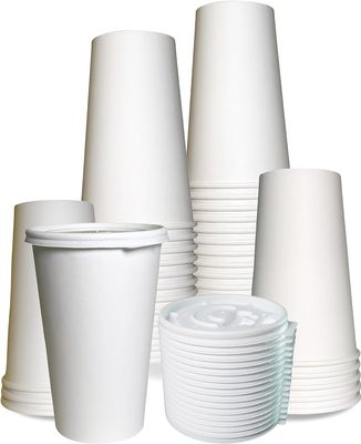 EcoQuality 16oz Durable Disposable White Paper Cups with Flat Lids for Hot or Cold Drinks, Coffee, Tea, Cocoa, Travel Extra Large 16 Ounce Cups (300)