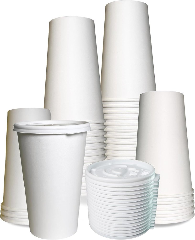 EcoQuality 16oz Durable Disposable White Paper Cups with Flat Lids for Hot or Cold Drinks, Coffee, Tea, Cocoa, Travel  Extra Large 16 Ounce Cups (300)