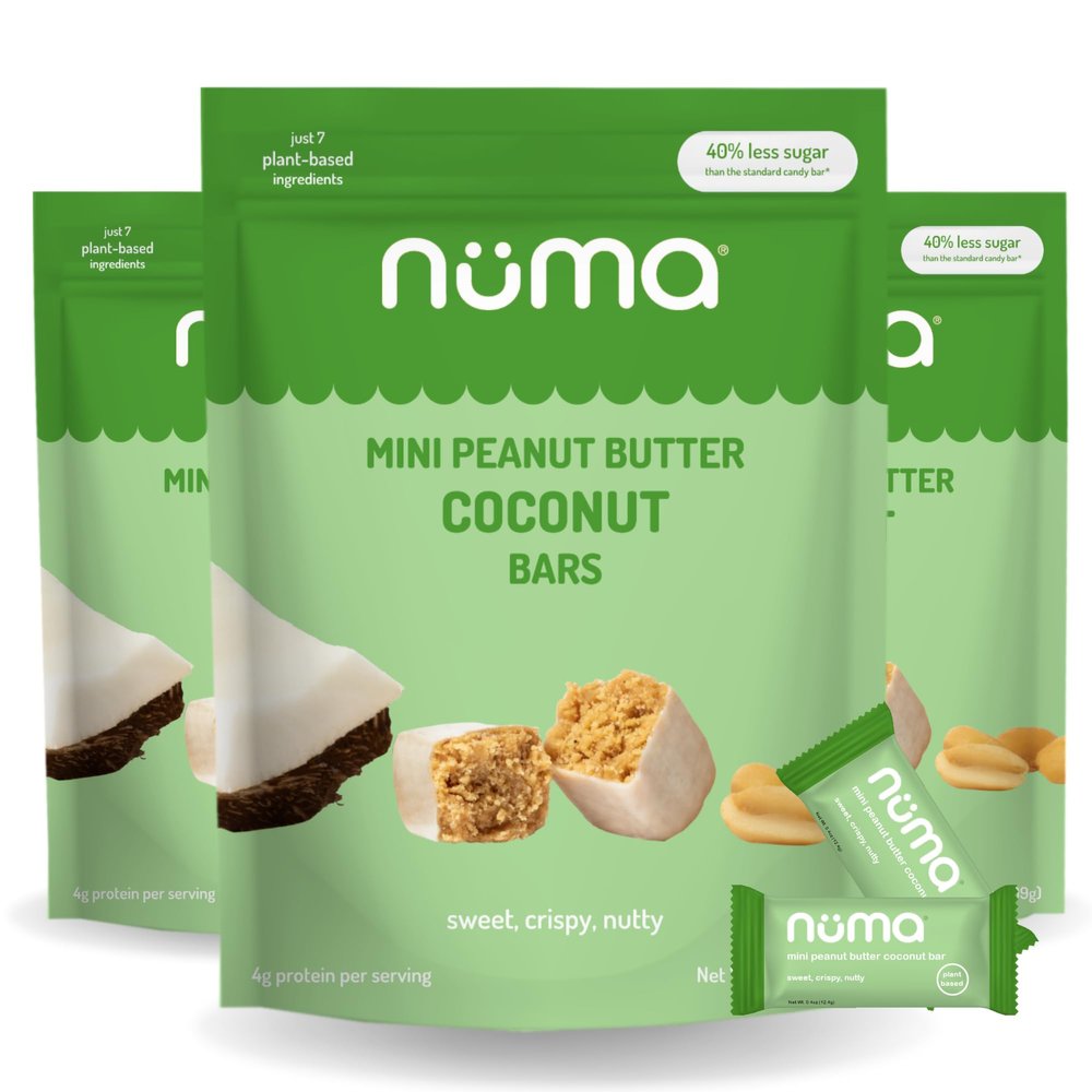 Numa Foods Mini Coconut Peanut Butter Bars Vegan, Low Sugar, High Protein, All Natural, Gluten Free Crunchy Plant Based Peanut Butter Snacks 3 Bags with 8 Individually Wrapped Protein Bars