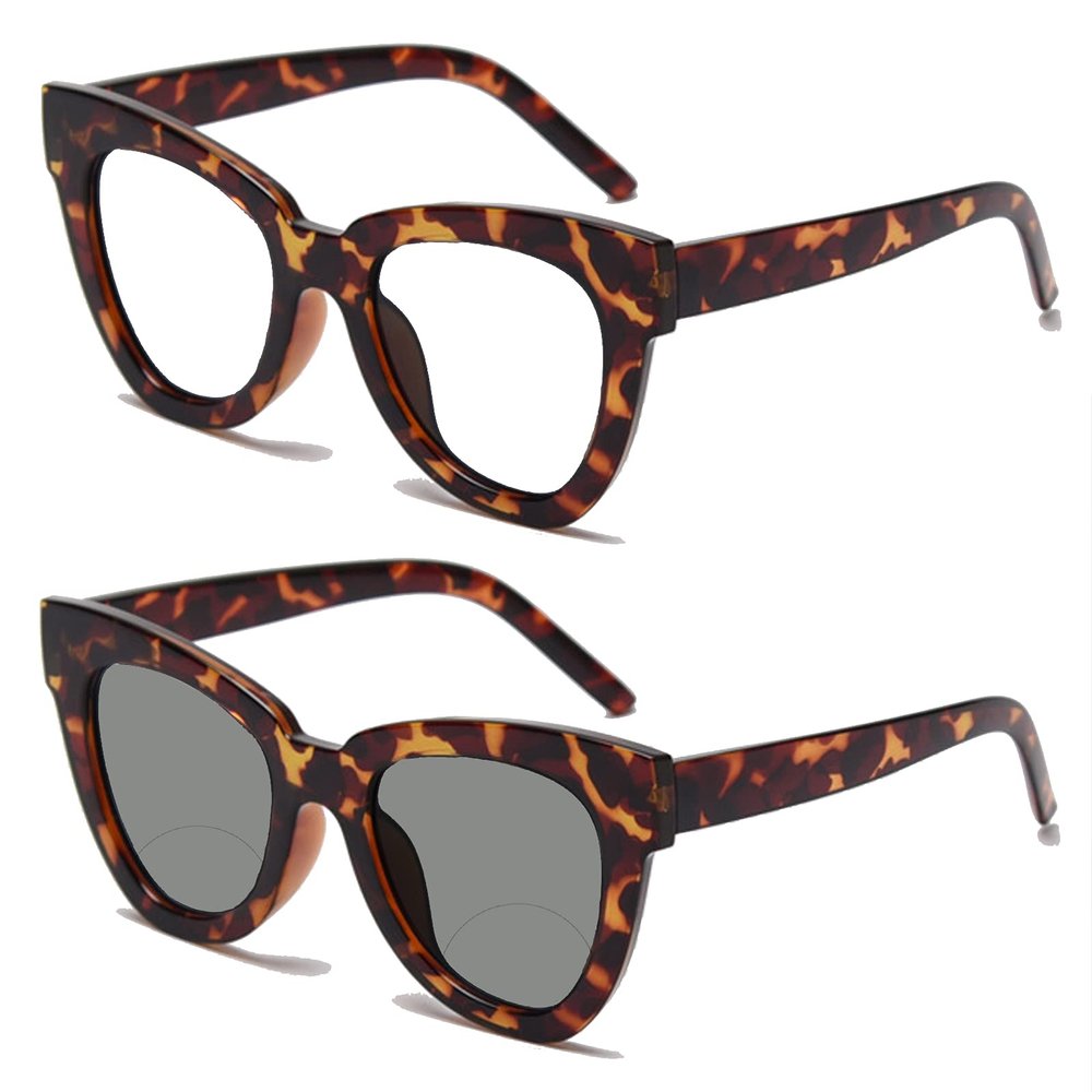 Men Women Cat Eye Reading Glasses Large Frame Transition Photochromic Bifocal Far Near Magnification Eyewear Presbyopic Glasses (leopard, 2.25)