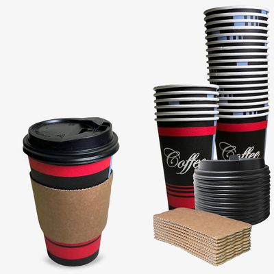 EcoQuality COMBO Set of 20oz - Paper Coffee Hot Cups, Black Dome Lids, Sleeves & Stirrers - Disposable Coffee Cups, To Go Travel Mug, Office/Party Pack, Hot/Cold Coffee, Tea & Chocolate, Latte (500)