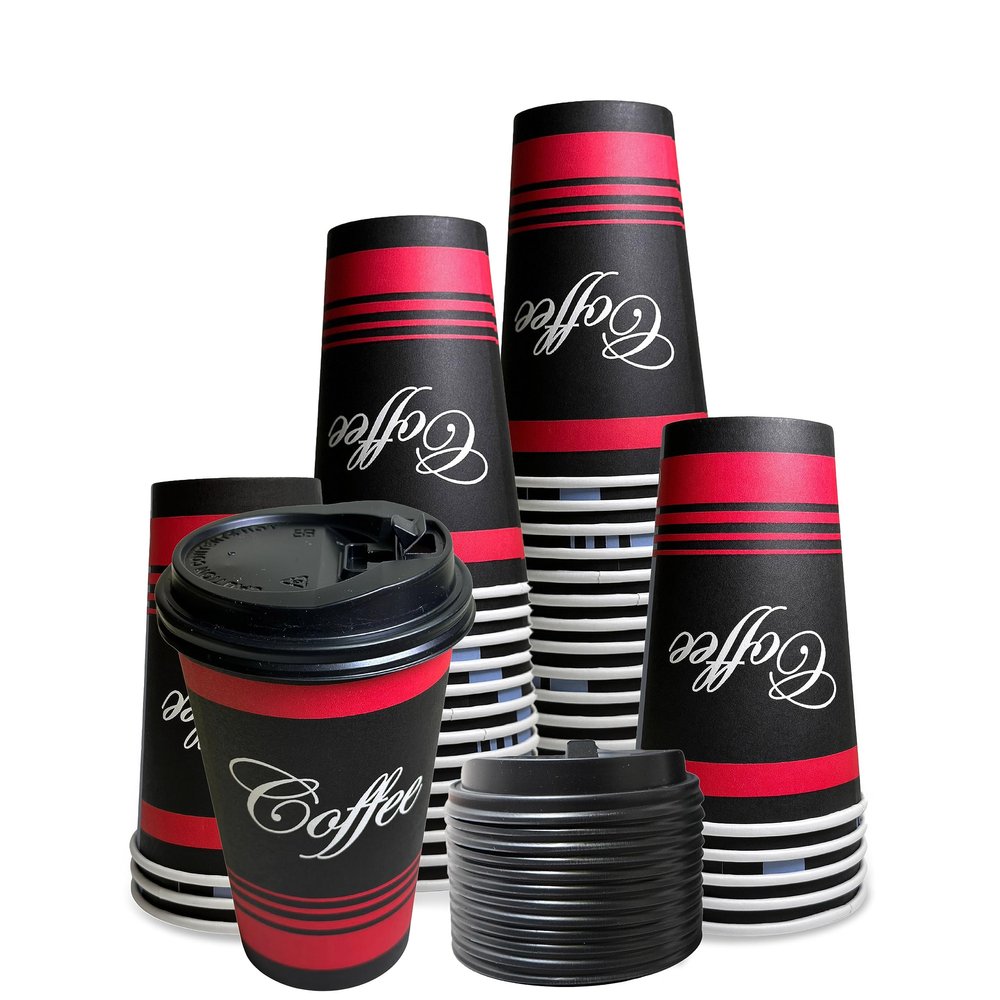 EcoQuality Extra Large 20 oz Paper Cups - Classic Durable Disposable Paper Cups & Black Dome Lids For Hot/Cold Drink, Coffee, Tea, Cocoa, Travel - 20 Ounce Cups (150)