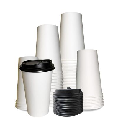 EcoQuality Extra Large 20oz White Paper Coffee Cups with Black Lids - Disposable Paper Coffee Cups - Hot Drink, Tea, Coffee, Cappuccino, Hot Chocolate, Chai, Chai Latte, Office, Travel (400)
