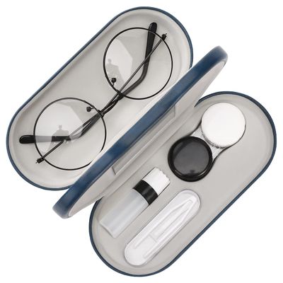 MoKo Double Eyeglass Case, Contact Lens Case with Mirror Tweezers Remover, 2 in 1 Double Sided Portable Contact Lens Box Holder Container Soak Storage Kit Sunglasses Pouch for Men & Women, Blue