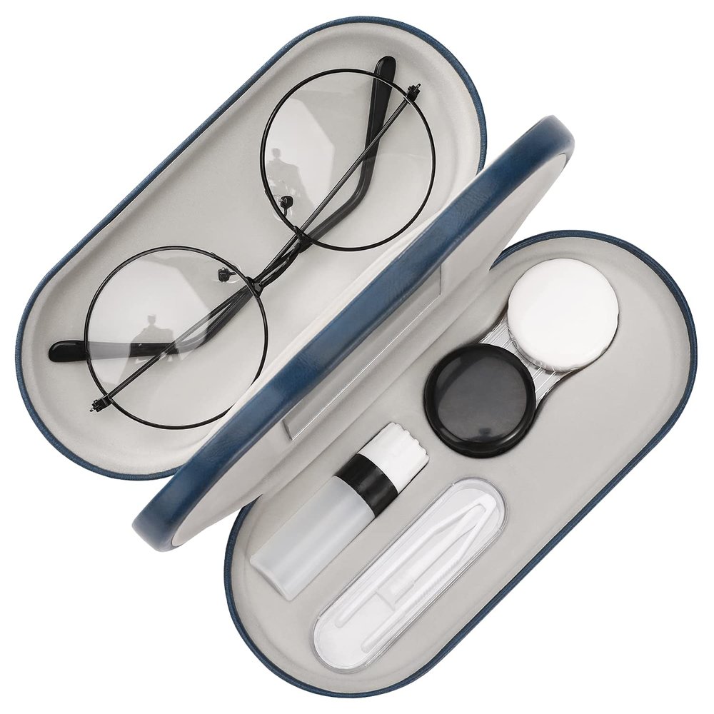 MoKo Double Eyeglass Case, Contact Lens Case with Mirror Tweezers Remover, 2 in 1 Double Sided Portable Contact Lens Box Holder Container Soak Storage Kit Sunglasses Pouch for Men & Women, Blue
