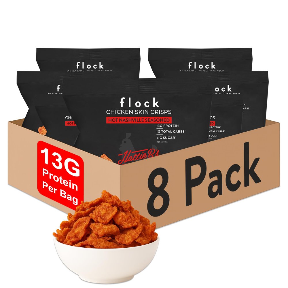 Flock Keto Chicken Skin Chips  | Hattie B's Nashville Hot Flavor | Low Carb, High Protein, Gluten-Free Chicken Crisps, Keto Snack, Low Carb Chips, Protein Crackers, Diet Snacks, 8-Pack (1oz)