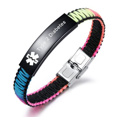 JF.JEWELRY Type 2 Diabetes Medical Alert ID Awareness Bracelet for Women Handmade Nylon Rope Braided Bracelets, Red Black Band Black Steel 1 Adjustablet (BZ-YX011B-T2)