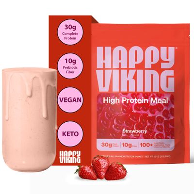 Happy Viking Strawberry Protein + Superfoods Powder, Created by Venus Williams, 30G Protein, Low Carb, Keto, Vegan, Gluten-Free, Non-GMO, Complete Meal Replacement, 1 Bag