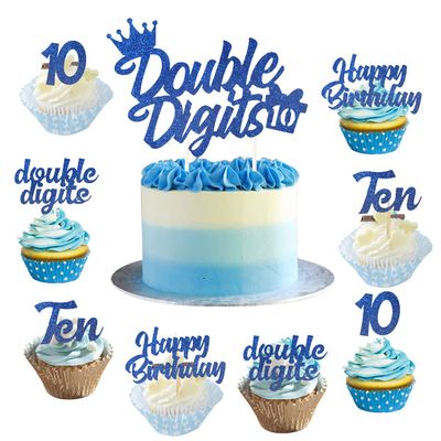 10th Birthday Cake Decorations Blue, Double Digits Cake & Cupcake Topper for Boys Tenth Birthday Party Decorations and Supplies, Cheer to 10 Years Birthday - Total 25 Pcs