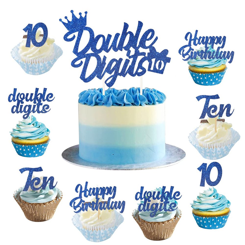 10th Birthday Cake Decorations Blue, Double Digits Cake & Cupcake Topper for Boys Tenth Birthday Party Decorations and Supplies, Cheer to 10 Years Birthday - Total 25 Pcs