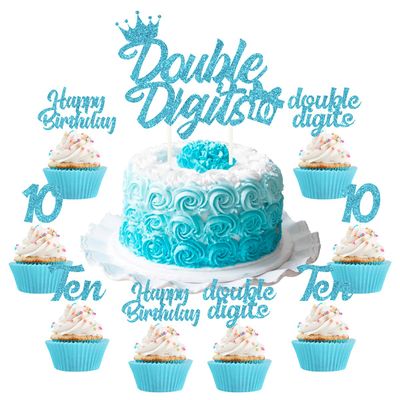 10th Birthday Cake Decorations Teal Blue, Double Digits Cake & Cupcake Topper for Girls Tenth Birthday Party Decorations and Supplies, Cheer to 10 Years Birthday - Total 25 Pcs