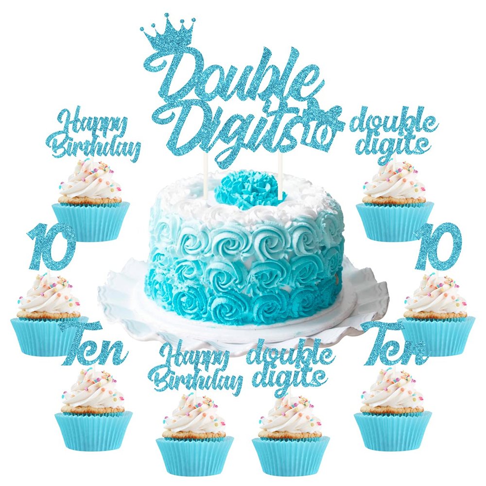 10th Birthday Cake Decorations Teal Blue, Double Digits Cake & Cupcake Topper for Girls Tenth Birthday Party Decorations and Supplies, Cheer to 10 Years Birthday - Total 25 Pcs