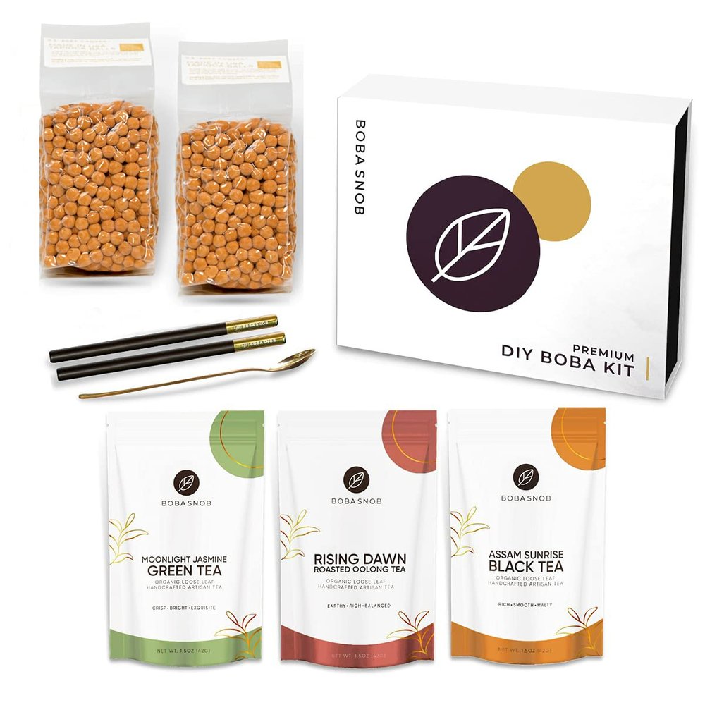 DIY Gourmet Boba Kit - 3 Premium Organic Teas | 2 (16 oz) Bags Of Boba (Tapioca Pearls) | 2 Stainless Steel Straws | Teaspoon | Make The Perfect Bubble Tea Drink At Home!