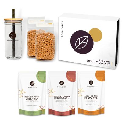 DIY Gourmet Boba Kit - 3 Premium Organic Teas | 2 (16 oz) Bags Of Boba (Tapioca Pearls) | 2 Stainless Steel Straws | Tumbler | Teaspoon | Make The Perfect Bubble Tea Drink At Home!