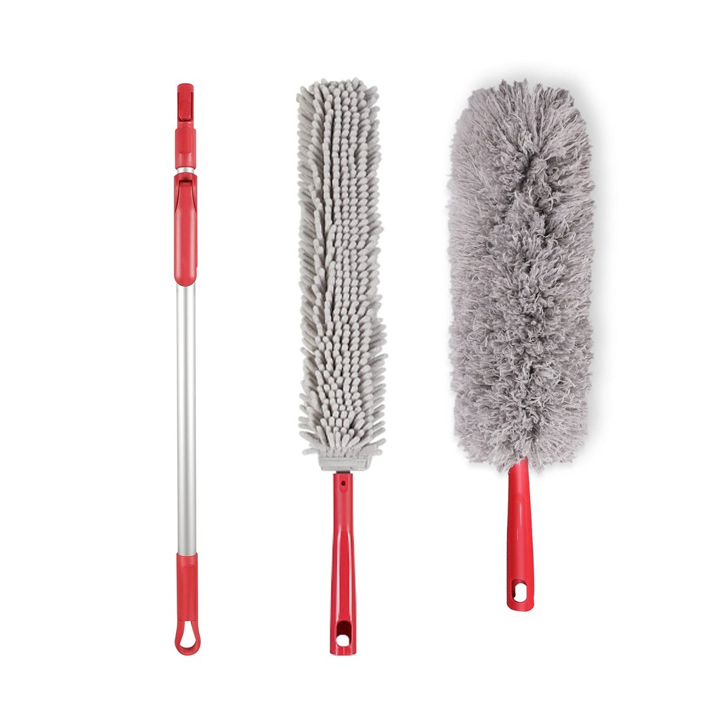 CLEANHOME 69" Bendable Microfiber Feather and Chenille Duster Kit, with Aluminum Telescoping Handle & 2 Removable Washable Heads, Duster for Ceiling Fan, Furniture Top, High Places