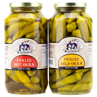 Amish Wedding Hot and Mild Pickled Okra Variety Pack 32 Ounces (Pack of 2)