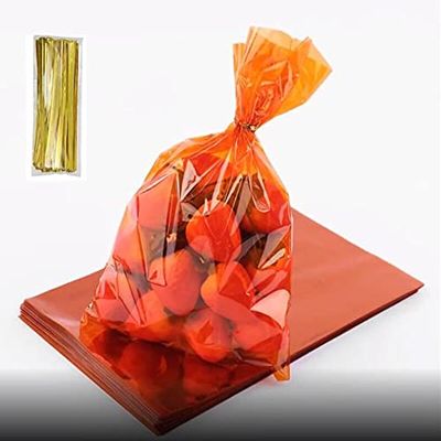 Cellophane Treat Bags 100 pcs Orange Color 6x9 Inch Bags Cellophane Wrap Bags with Twist Ties for Bakery Cookies Sweets Snacks Candies Dessert Transparent Color (Orange)