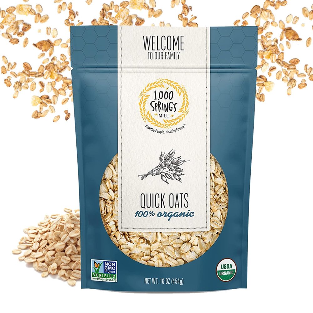 1000 Springs Mill - Organic Quick Oats | Used for breakfast Oatmeal, Muffins, Granola Bars, Cookies, or Other Baked Goods | Bulk Dried Oats | Resealable Bag | 16oz (Pack of 1)