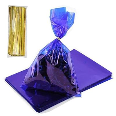 Bdwievn Blue Cellophane Bags 100 pcs Cellophane Wrap Bags with Twist Ties for Bakery Cookies Sweets Snacks Candies Dessert Transparent Color (Blue)
