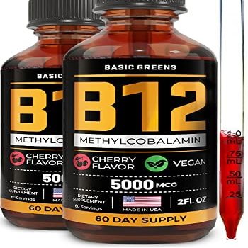 Vitamin B12 Sublingual Liquid Drops 5000 mcg  Vegan Methyl B-12 Supplement for Energy & Focus  B 12 Vitamin for Women & Men  Fast Absorption Methylcobalamin  120 Servings  4 fl oz