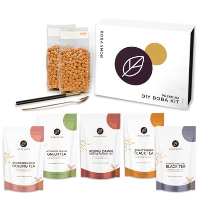 Premium DIY Boba Tea Kit - 5 Organic Teas - 32 oz Boba - 2 Stainless Steel Straws - Teaspoon - Brown Sugar Non-Dairy Creamer To Make The Perfect Bubble Tea Drink At Home!