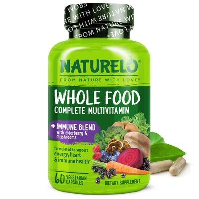 NATURELO Whole Food Multivitamin + Immune Blend with Elderberry & Mushrooms - Complete Multivitamin with Extra Immune Support - C, D3, Zinc, Elderberry, Reishi, Shitake - 60 Vegan Capsules