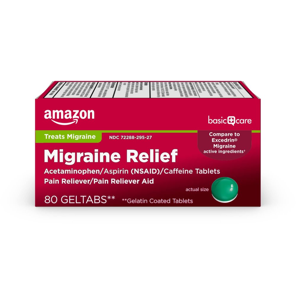 Amazon Basic Care Migraine Relief Geltabs to Alleviate Migraine Symptoms, Acetaminophen, Aspirin (NSAID) and Caffeine, 80 Count