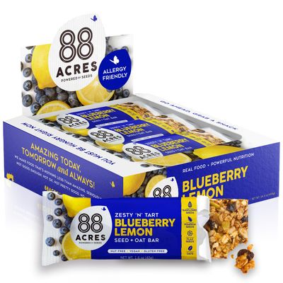 88 Acres Granola Bars, Blueberry Lemon, 12 Count, School Safe, Allergen Free Seed & Oat Snack Bar, Gluten & Nut Free, Vegan, Non-GMO & Kosher, Individually Wrapped