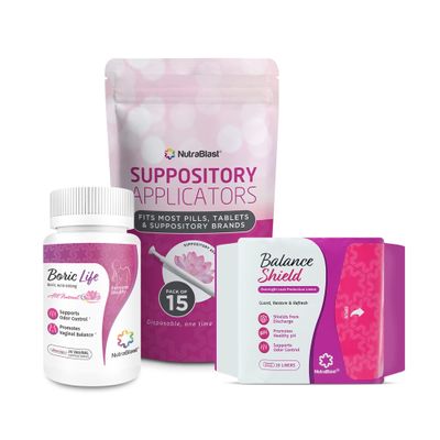 NutraBlast Boric Acid Suppositories 600mg (30 Count) Bundle with Disposable Applicators (15-Pack) and Balance Shield Panty Liners (180mm, 20-Pack)