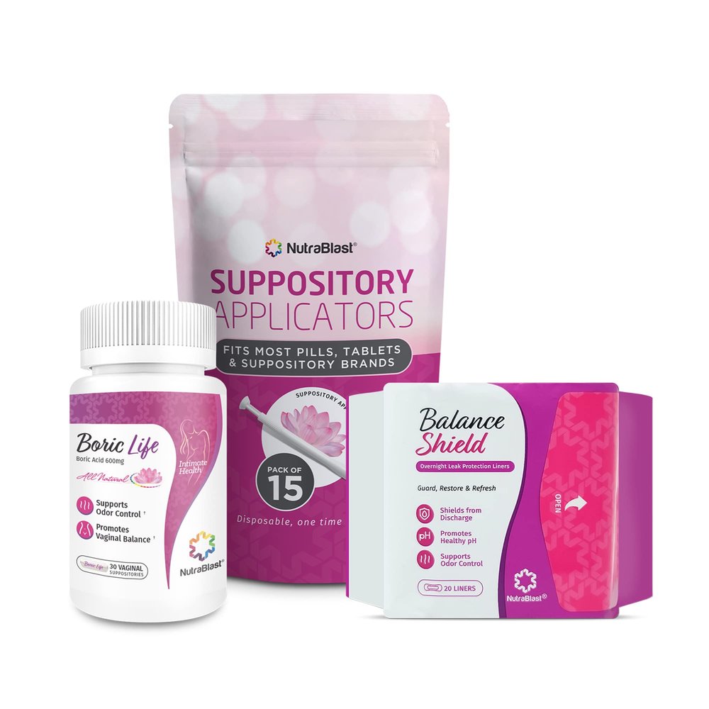 NutraBlast Boric Acid Suppositories 600mg (30 Count) Bundle with Disposable Applicators (15-Pack) and Balance Shield Panty Liners (180mm, 20-Pack)