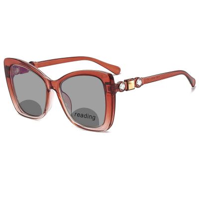 Cat Eye Oversized Bifocal Reading Glasses Photochromic,Large Color Contrast Frame with Diamond Decoration,for Women and Men (tea, 3.75)