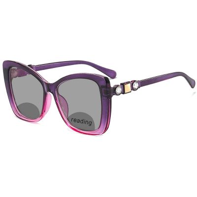 Cat Eye Oversized Bifocal Reading Glasses Photochromic,Large Color Contrast Frame with Diamond Decoration,for Women and Men (purple, 2.5)