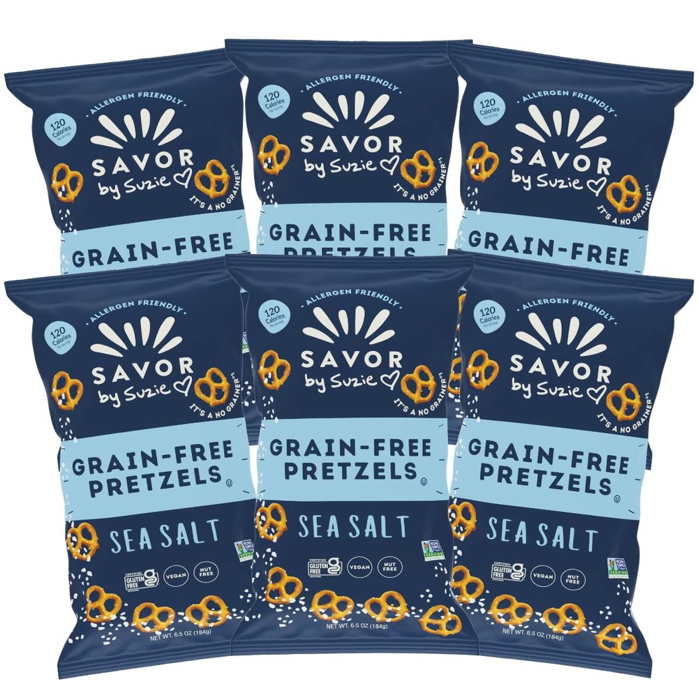 Savor by Suzie Gluten-Free Pretzels Non-GMO, Grain Free, Vegan, Paleo, Keto & Nut-Free Pretzel Snack Packs, Low Carb, Clean Ingredients - Sea Salt - 6 Count