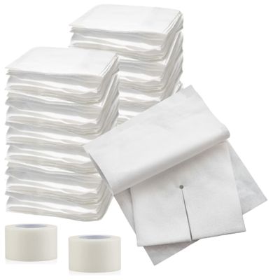 Split Drain Sponge Gauze 2x2 Sterile 6 Ply Pads [Pack of 140] Absorbent Precut 2"X2" Non-Woven Slit Bandage for I.V. Tracheostomy - 2 Boxes of 35 Packs of 2 Pre Cut Bandages + 2 Rolls of Medical Tape