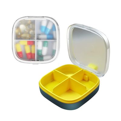 GOYUDU Portable Pill Management Box, 3-7 Days Travel Small Pill Box, Office Small Pill Box, Pill Manager (Yellow, 4 Compartments), (XYH777)