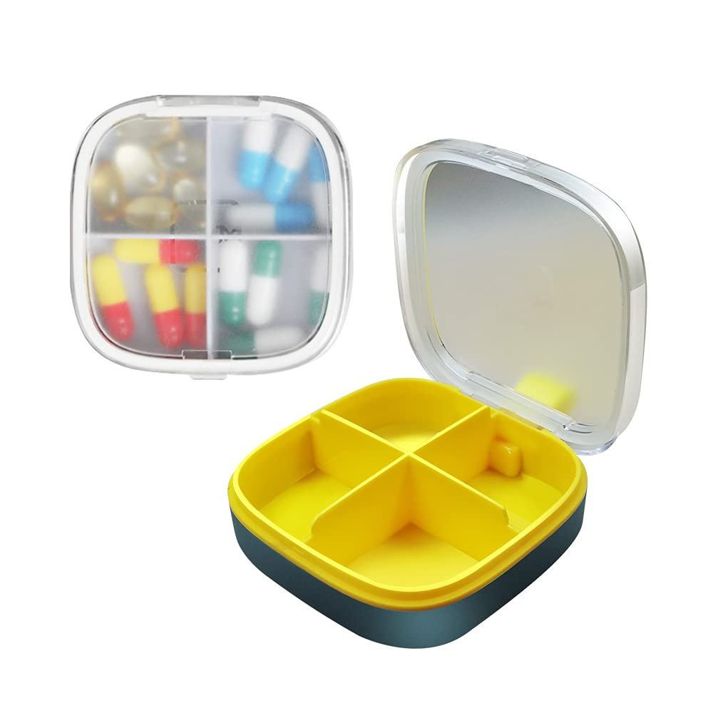 GOYUDU Portable Pill Management Box, 3-7 Days Travel Small Pill Box, Office Small Pill Box, Pill Manager (Yellow, 4 Compartments), (XYH777)